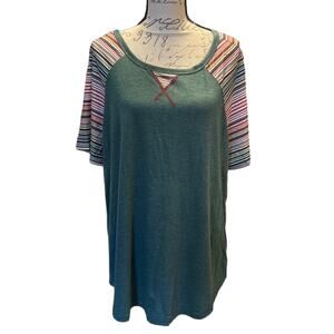 Bloomchic Short Sleeve Green Striped Shirt Size 18/20